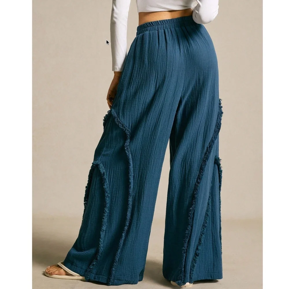 Solid Blue Frayed Detail Stretchy Waist Wide leg Pants
